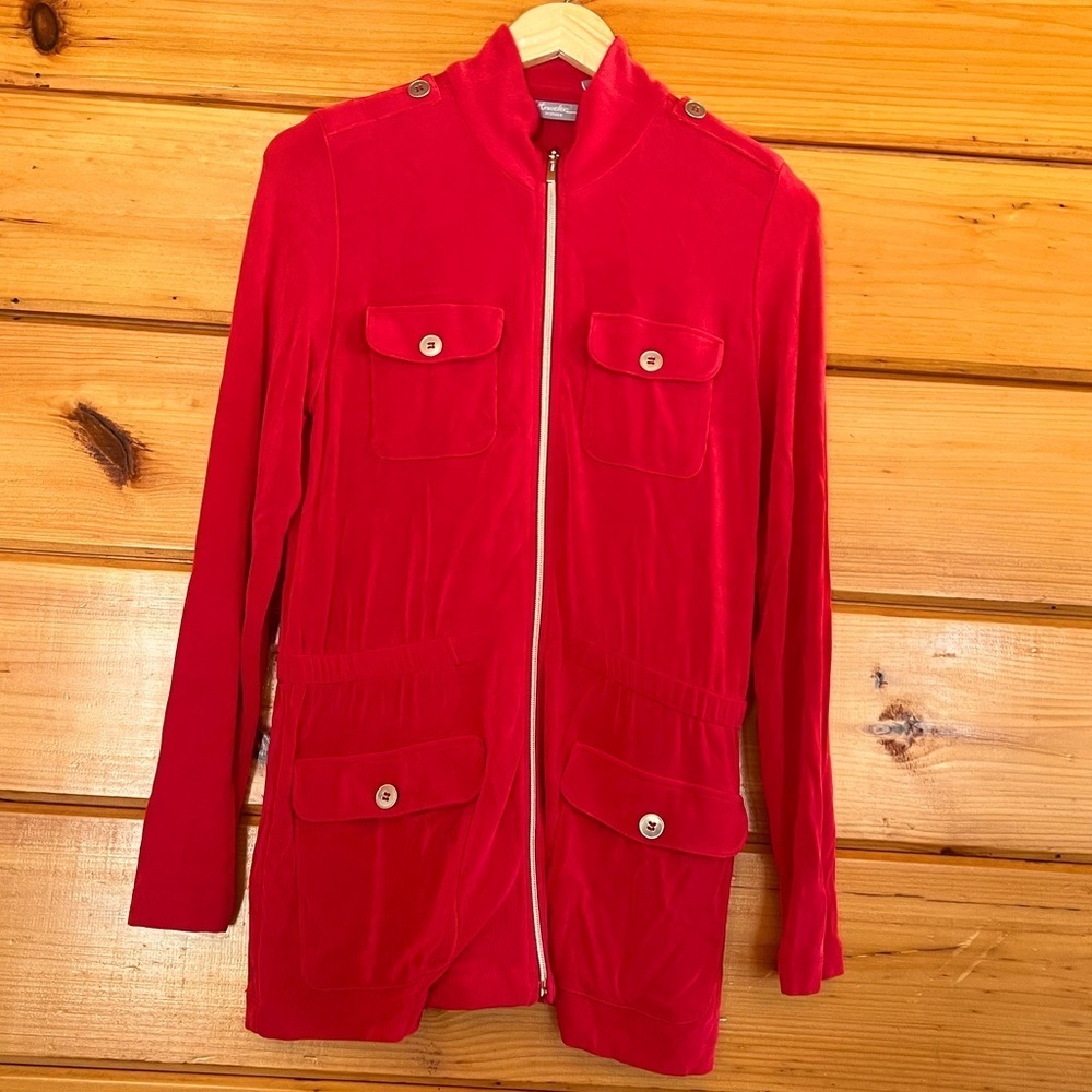 Chicos Jacket Womens 0 Red Travelers Knit Utility Full Zip Elastic Waist Pockets